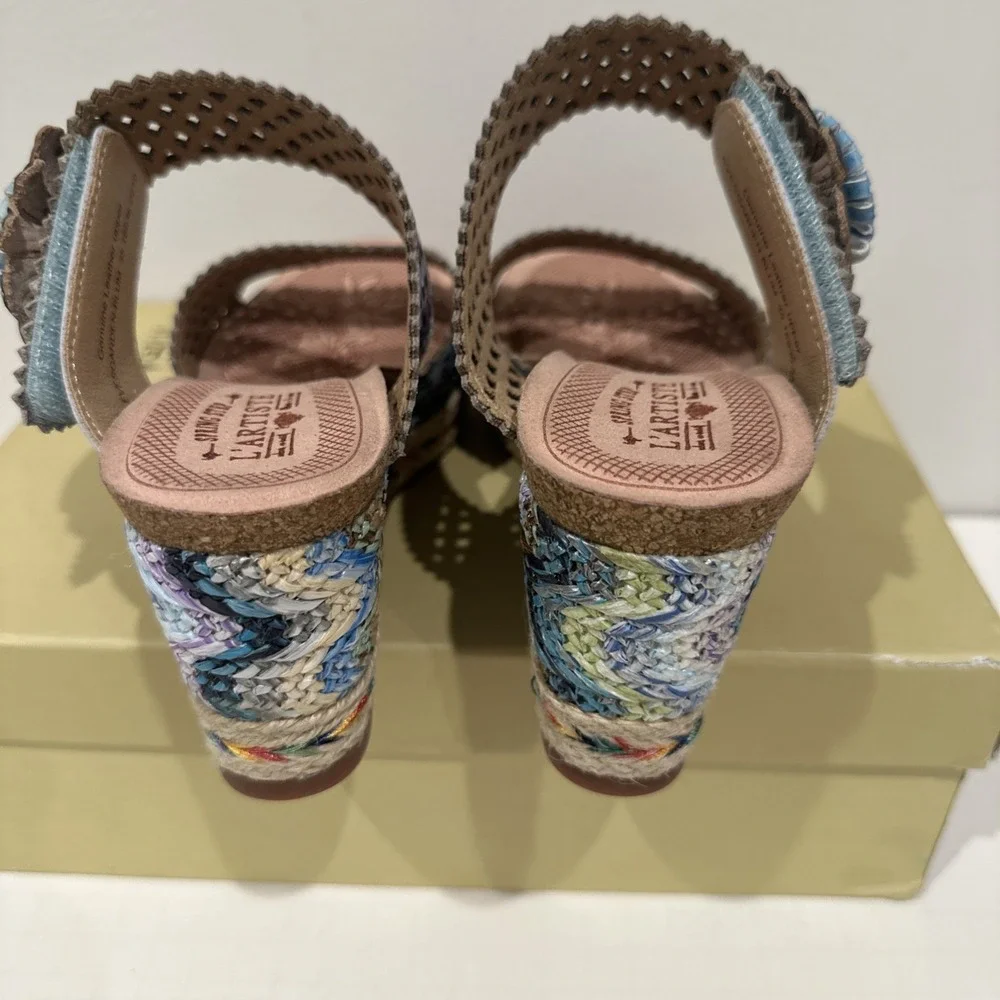 L'Artiste by Spring Step Size 35/ US 5 Evesgarden Floral Corky Wedge Sandal Blue